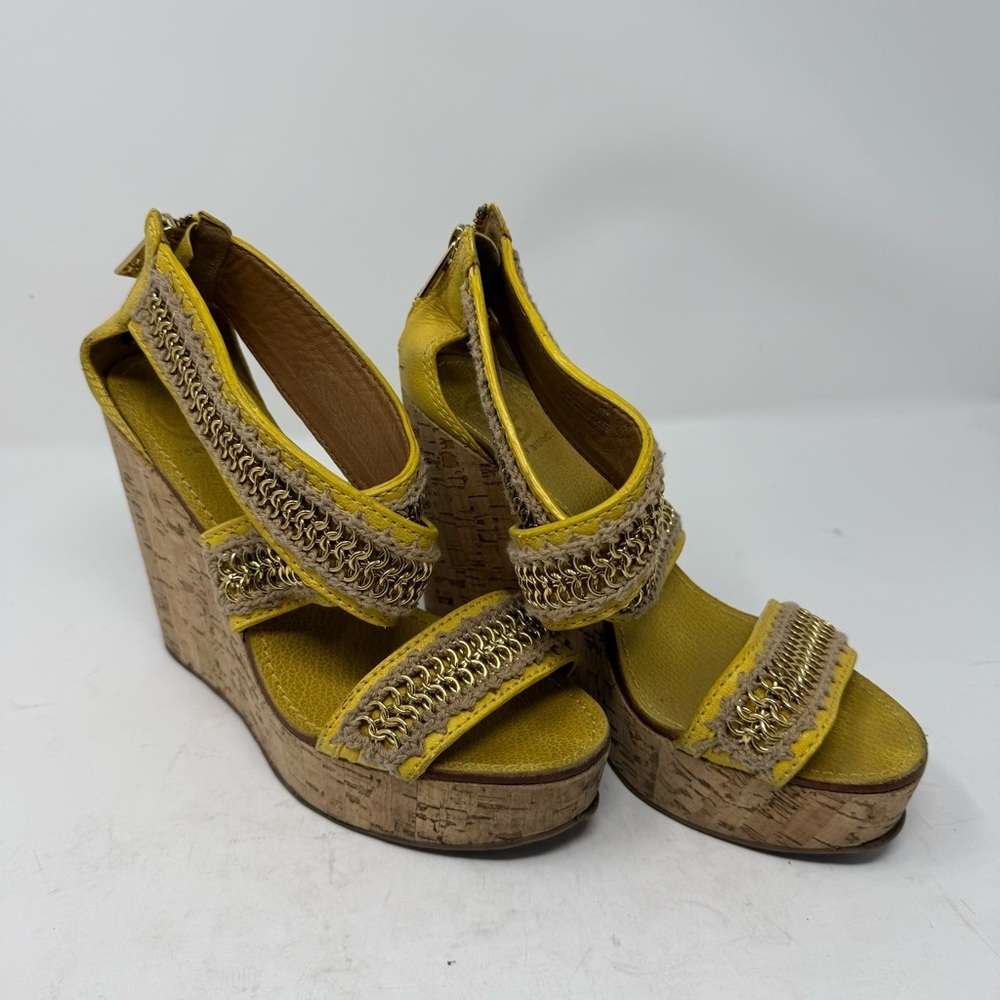 Tory Burch Lucian YellowLeather Gold Chain Strappy Cork Wedge Sandals Women’s 8M